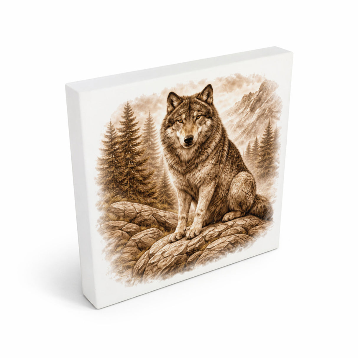 Wolfsmagie Wolf im Wald Holzbild in 10x10 cm zum Stellen oder Aufhängen