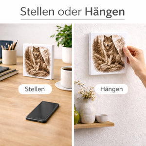 Wolfsmagie Wolf im Wald Holzbild in 10x10 cm zum Stellen oder Aufhängen
