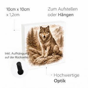 Wolfsmagie Wolf im Wald Holzbild in 10x10 cm zum Stellen oder Aufhängen