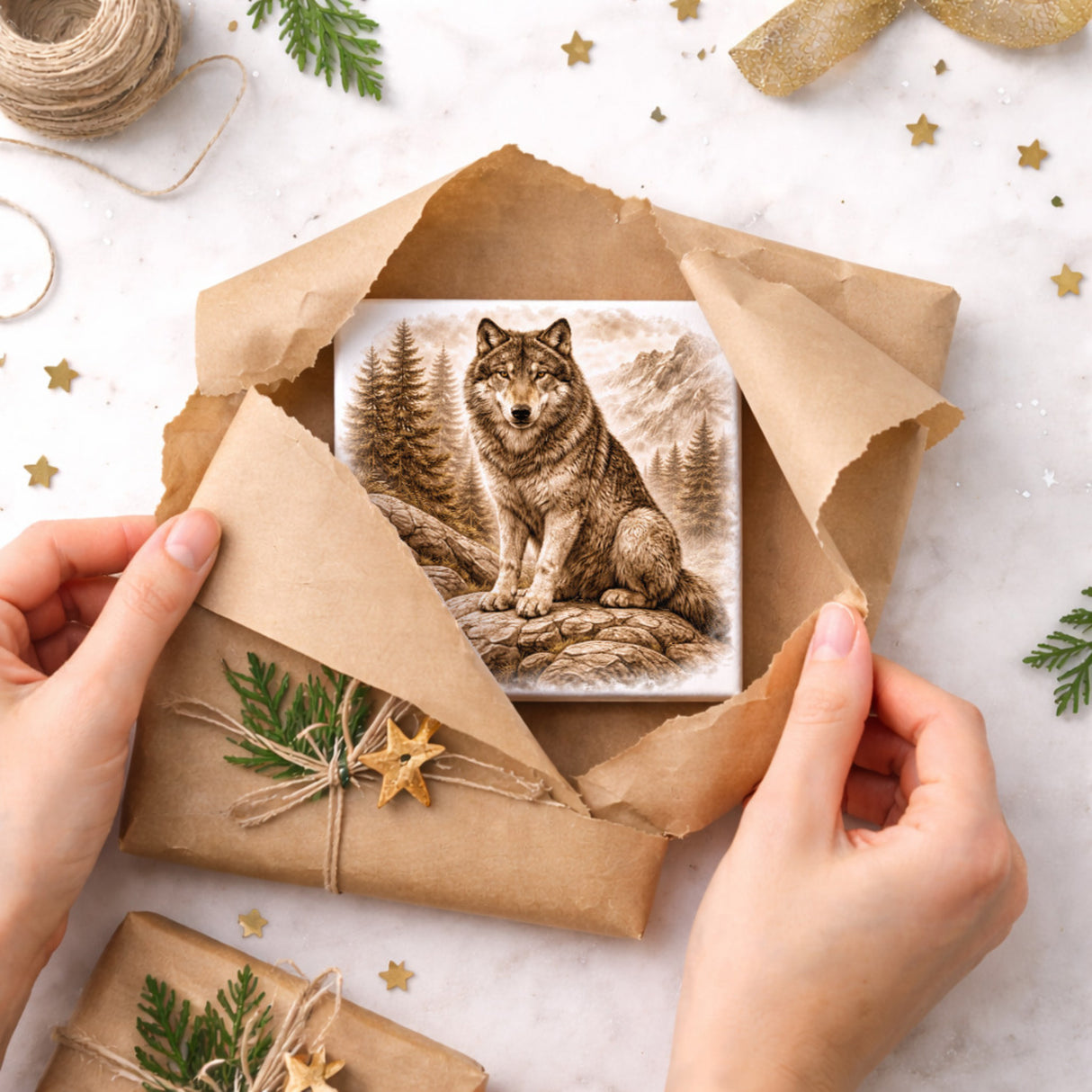 Wolfsmagie Wolf im Wald Holzbild in 10x10 cm zum Stellen oder Aufhängen