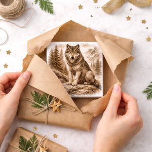 Wolfsmagie Wolf im Wald Holzbild in 10x10 cm zum Stellen oder Aufhängen