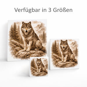 Wolfsmagie Wolf im Wald Holzbild in 10x10 cm zum Stellen oder Aufhängen