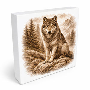 Wolfsmagie Wolf im Wald Holzbild in 10x10 cm zum Stellen oder Aufhängen