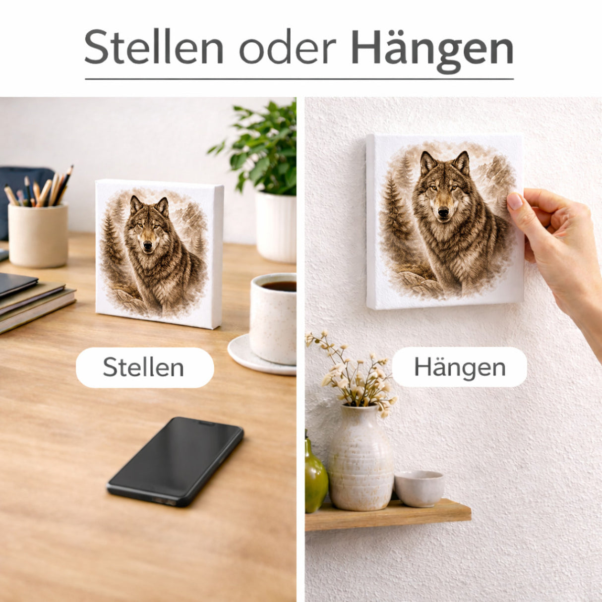 Wolfsmagie Wolf Porträt Holzbild in 10x10 cm zum Stellen oder Aufhängen