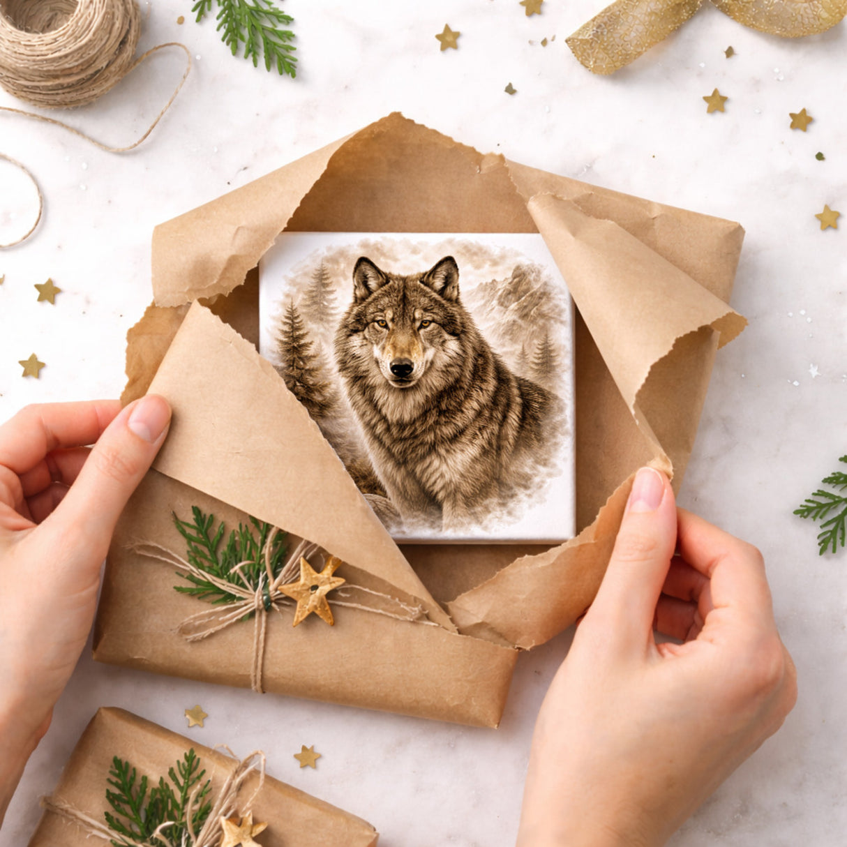 Wolfsmagie Wolf Porträt Holzbild in 10x10 cm zum Stellen oder Aufhängen