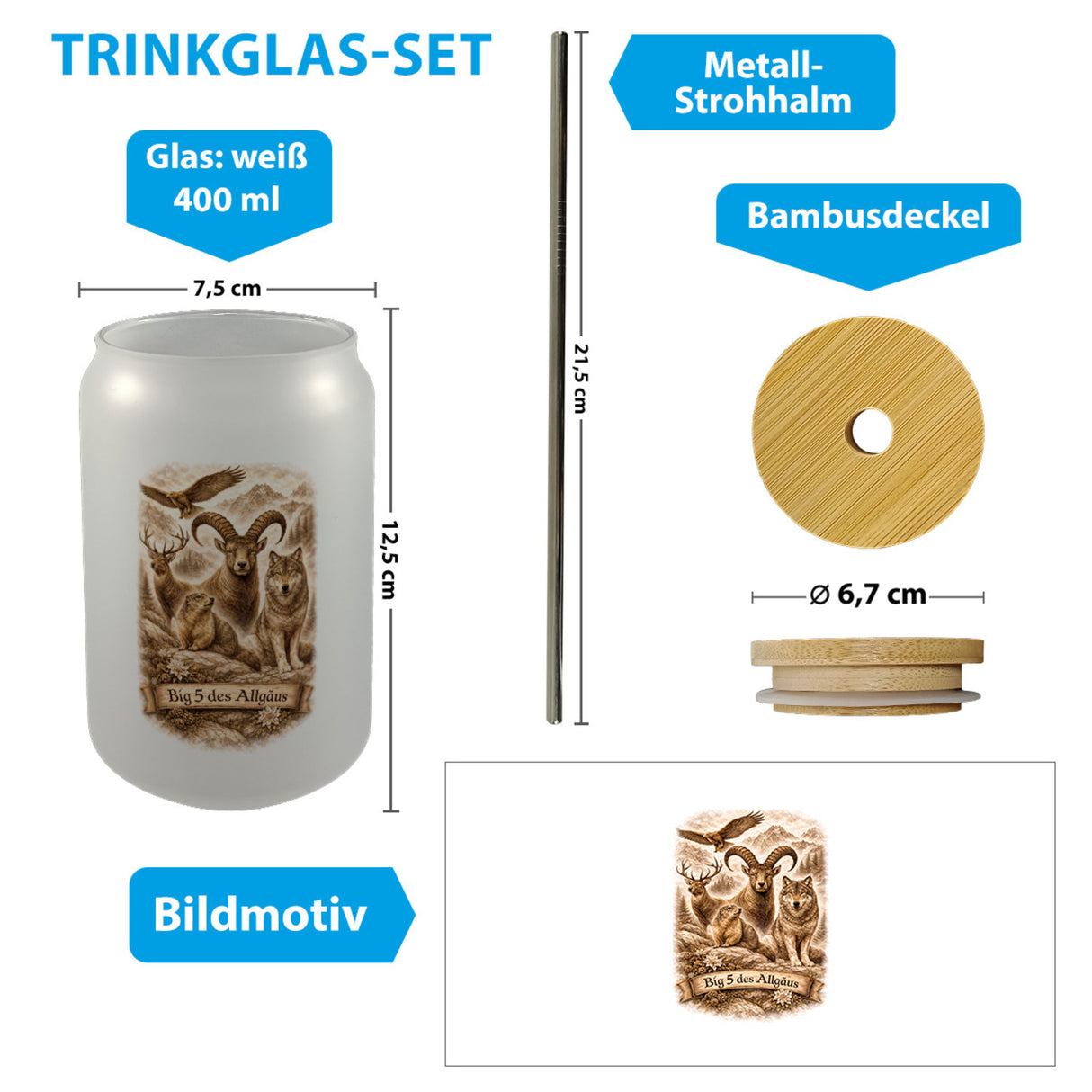 Big 5 des Allgäus Trinkglas mit Bambusdeckel mit Tiermotiven