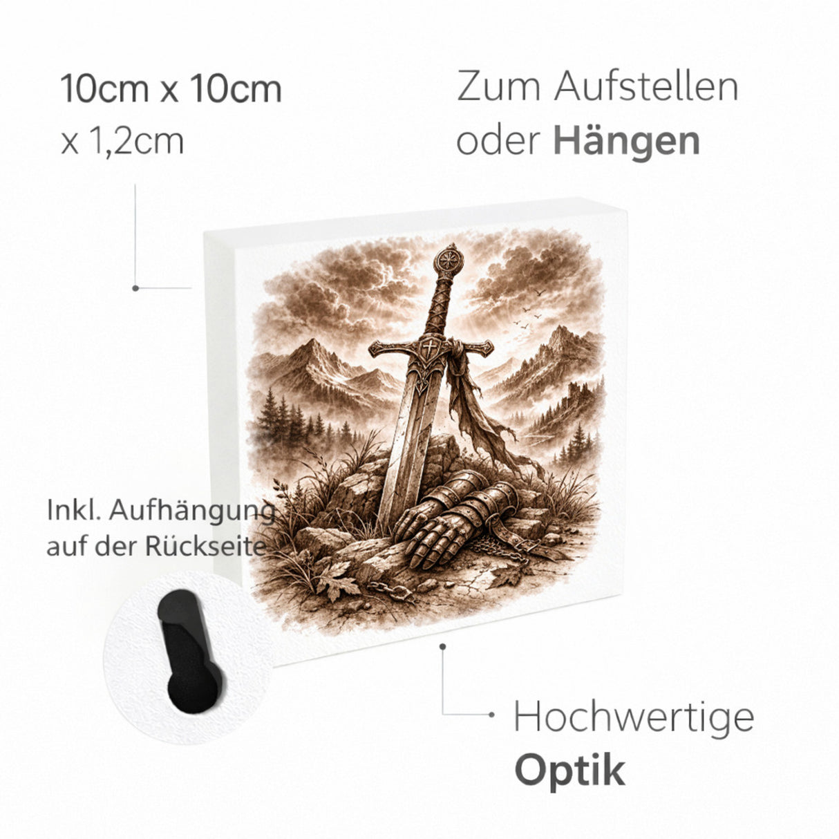 Kämpferisches Erbe Schwert im Stein Holzbild in 10x10 cm zum Stellen oder Aufhängen
