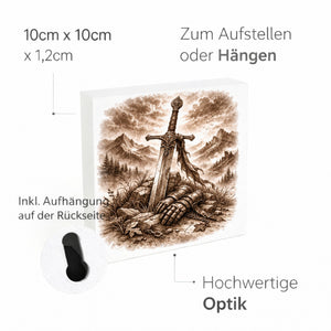 Kämpferisches Erbe Schwert im Stein Holzbild in 10x10 cm zum Stellen oder Aufhängen