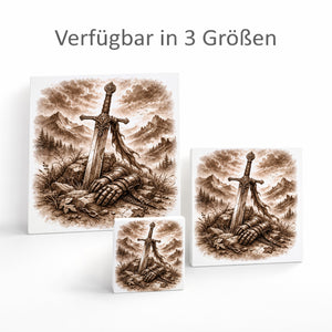 Kämpferisches Erbe Schwert im Stein Holzbild in 10x10 cm zum Stellen oder Aufhängen
