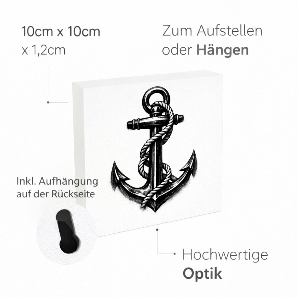 See Geflüster Anker mit Seil Holzbild in 10x10 cm zum Stellen oder Aufhängen