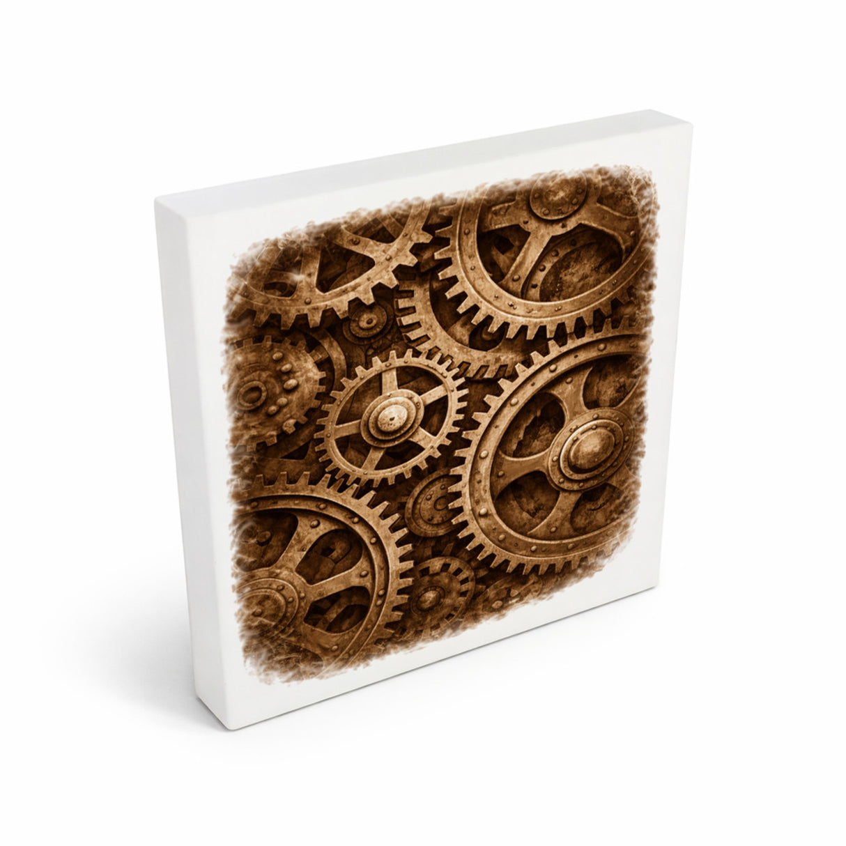 Vintage Energy Zahnräder Holzbild in 10x10 cm zum Stellen oder Aufhängen