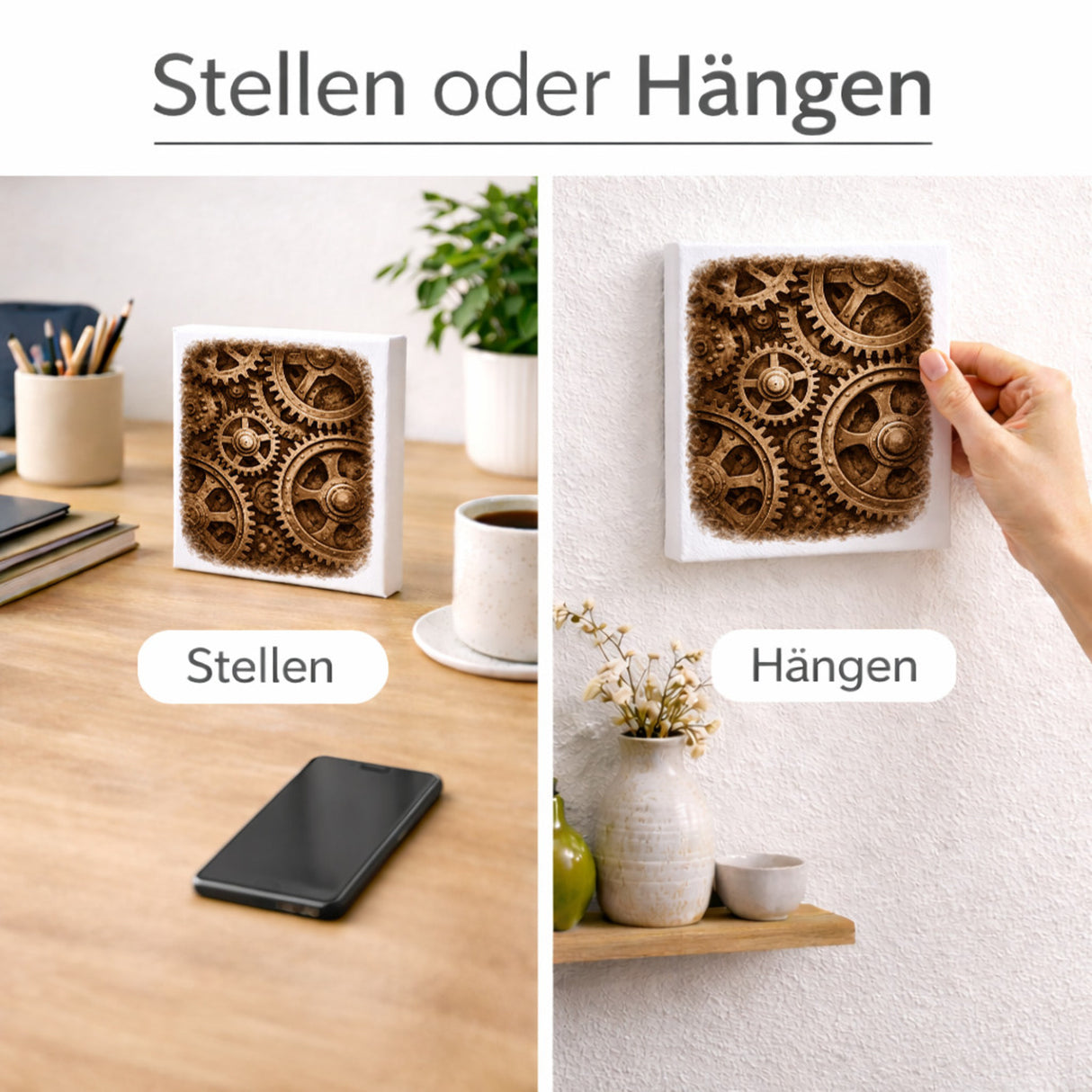 Vintage Energy Zahnräder Holzbild in 10x10 cm zum Stellen oder Aufhängen
