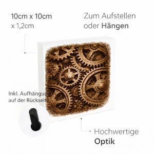 Vintage Energy Zahnräder Holzbild in 10x10 cm zum Stellen oder Aufhängen
