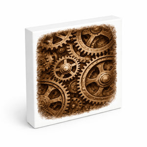 Vintage Energy Zahnräder Holzbild in 10x10 cm zum Stellen oder Aufhängen
