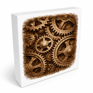 Vintage Energy Zahnräder Holzbild in 10x10 cm zum Stellen oder Aufhängen