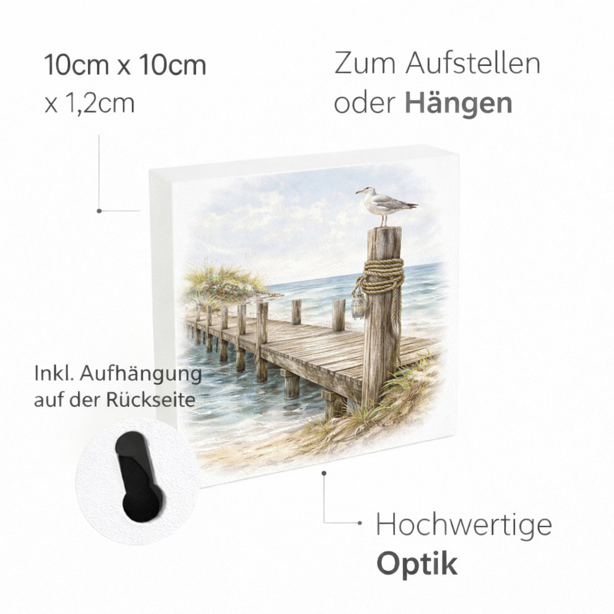 Inselträume Möwe am Steg Holzbild in 10x10 cm zum Stellen oder Aufhängen
