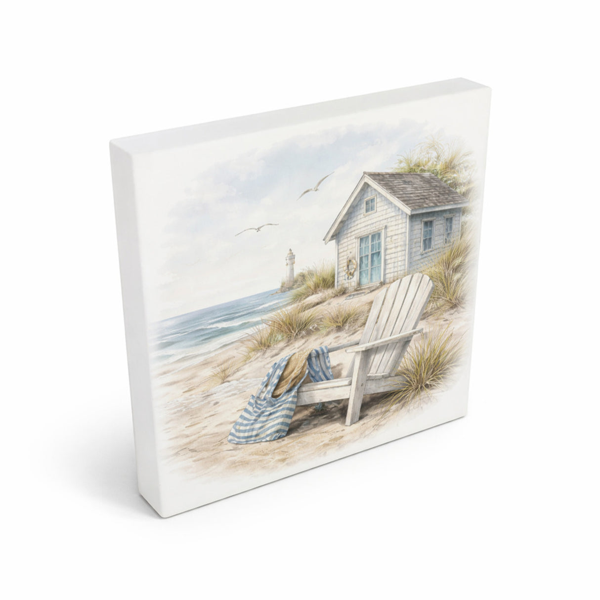 Inselträume Strandhaus am Meer Holzbild in 10x10 cm zum Stellen oder Aufhängen