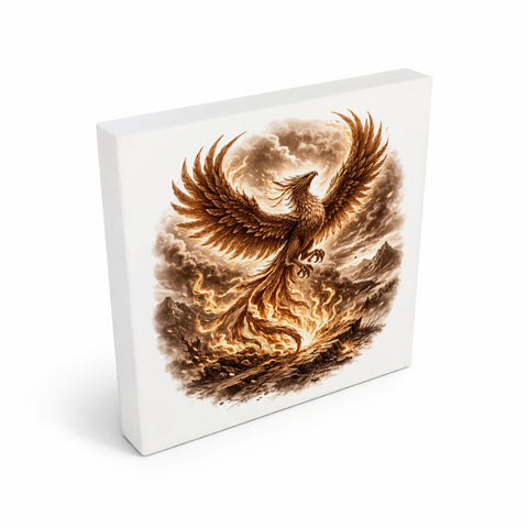 Mythos Freiheit Feuervogel Phönix Holzbild in 10x10 cm zum Stellen oder Aufhängen
