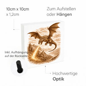 Mythos Freiheit Feuerspeiender Drache Holzbild in 10x10 cm zum Stellen oder Aufhängen