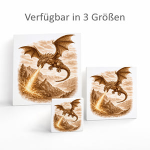 Mythos Freiheit Feuerspeiender Drache Holzbild in 10x10 cm zum Stellen oder Aufhängen