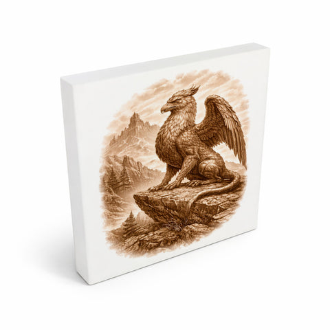 Mythos Freiheit Greif auf Felsen Holzbild in 10x10 cm zum Stellen oder Aufhängen