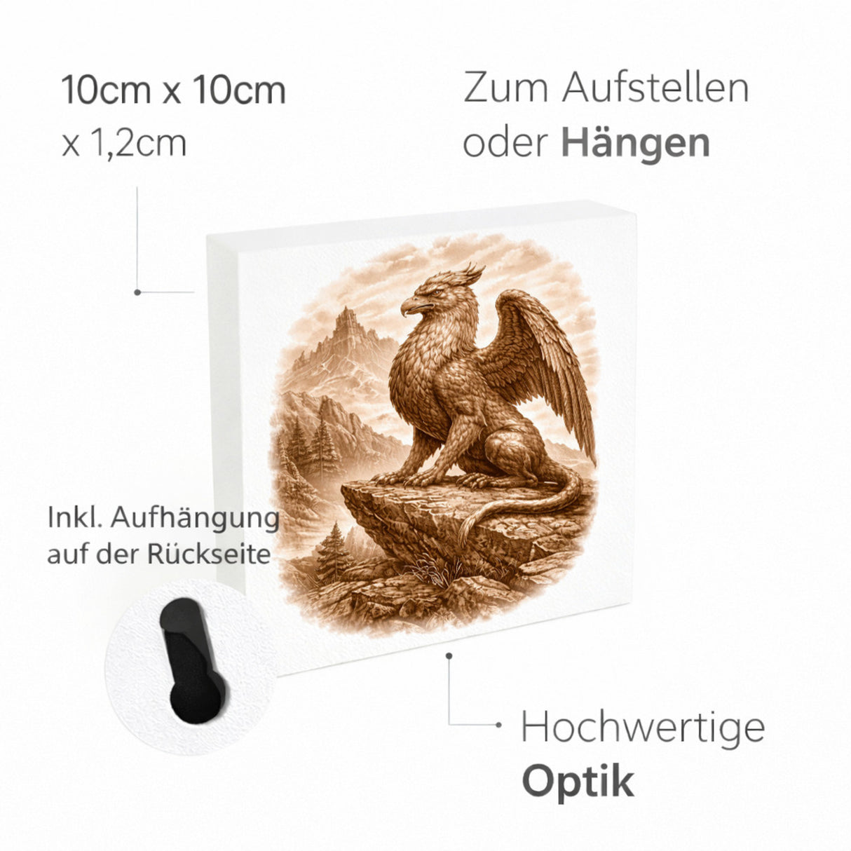 Mythos Freiheit Greif auf Felsen Holzbild in 10x10 cm zum Stellen oder Aufhängen