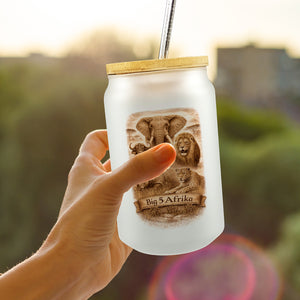 Big 5 Afrika Trinkglas mit Bambusdeckel mit Tiermotiven