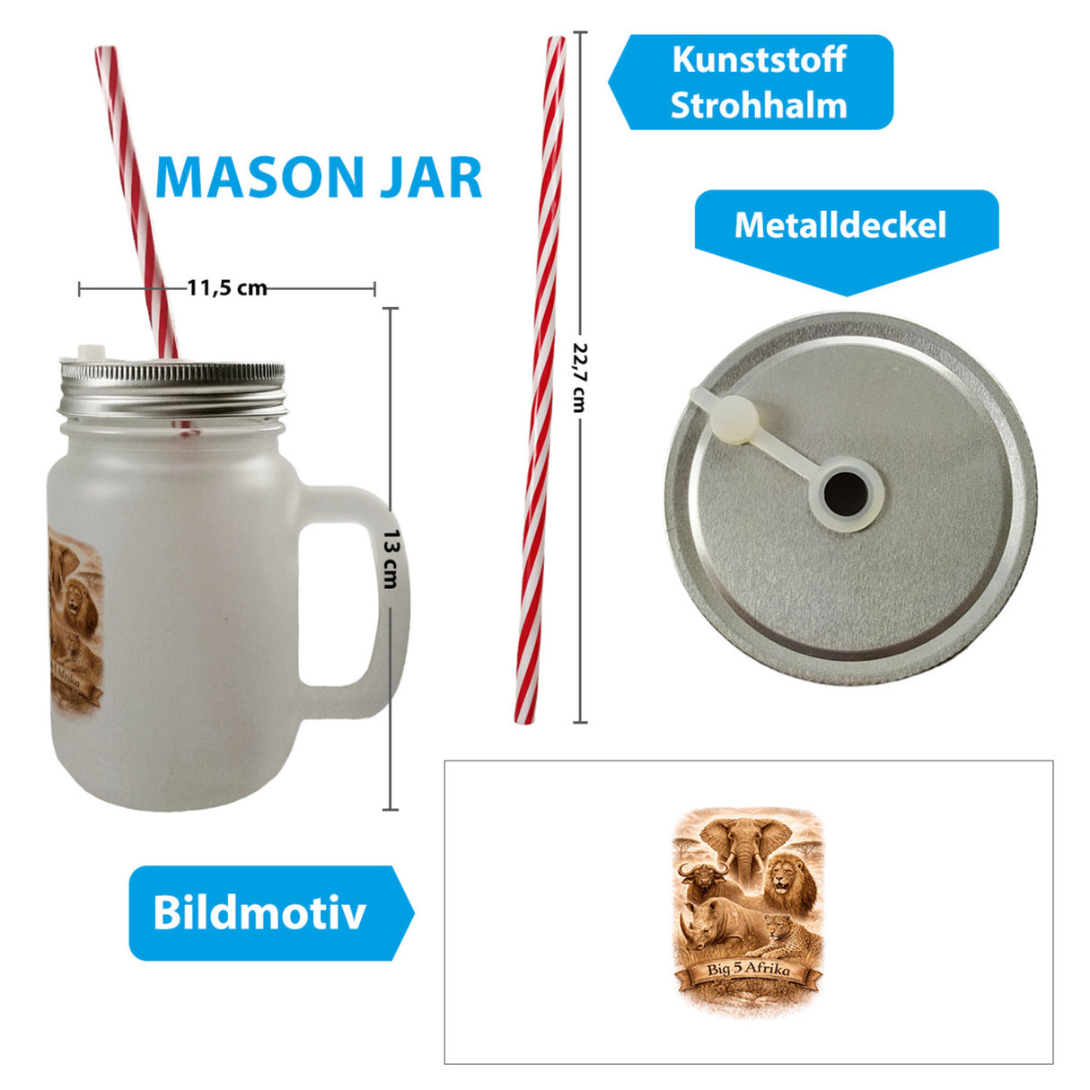 Big 5 Afrika Trinkglas mit Bambusdeckel mit Tiermotiven