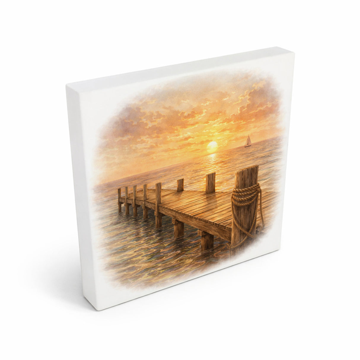 Sonnenuntergang Idylle Sonnenuntergang Steg Holzbild in 10x10 cm zum Stellen oder Aufhängen