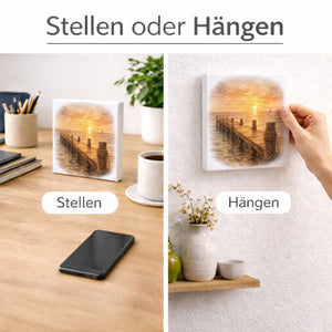 Sonnenuntergang Idylle Sonnenuntergang Steg Holzbild in 10x10 cm zum Stellen oder Aufhängen