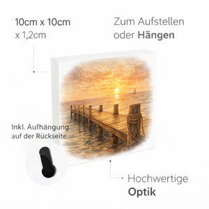 Sonnenuntergang Idylle Sonnenuntergang Steg Holzbild in 10x10 cm zum Stellen oder Aufhängen