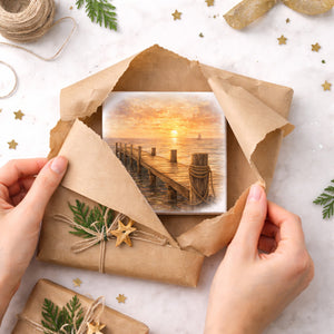 Sonnenuntergang Idylle Sonnenuntergang Steg Holzbild in 10x10 cm zum Stellen oder Aufhängen