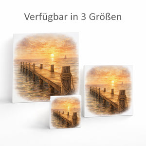 Sonnenuntergang Idylle Sonnenuntergang Steg Holzbild in 10x10 cm zum Stellen oder Aufhängen