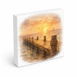Sonnenuntergang Idylle Sonnenuntergang Steg Holzbild in 10x10 cm zum Stellen oder Aufhängen