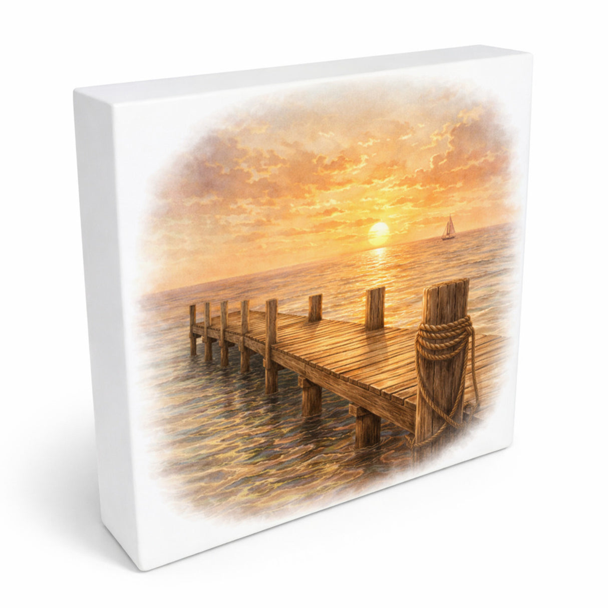 Sonnenuntergang Idylle Sonnenuntergang Steg Holzbild in 10x10 cm zum Stellen oder Aufhängen