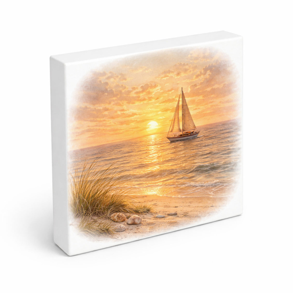 Sonnenuntergang Idylle Segelboot Sonnenuntergang Holzbild in 10x10 cm zum Stellen oder Aufhängen