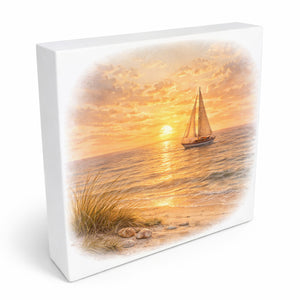 Sonnenuntergang Idylle Segelboot Sonnenuntergang Holzbild in 10x10 cm zum Stellen oder Aufhängen