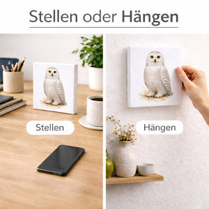 Schneeeulenzauber Schnee-Eule Holzbild in 10x10 cm zum Stellen oder Aufhängen