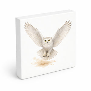 Schneeeulenzauber Schneeeule Flug Holzbild in 10x10 cm zum Stellen oder Aufhängen