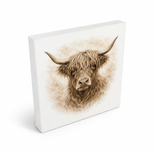 Rustikale Momente Hochlandrind Portrait Holzbild in 10x10 cm zum Stellen oder Aufhängen