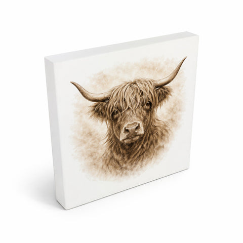 Rustikale Momente Hochlandrind Portrait Holzbild in 10x10 cm zum Stellen oder Aufhängen