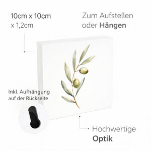 Mediterrane Schätze Olivenzweig Holzbild in 10x10 cm zum Stellen oder Aufhängen
