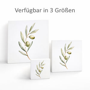 Mediterrane Schätze Olivenzweig Holzbild in 10x10 cm zum Stellen oder Aufhängen