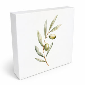 Mediterrane Schätze Olivenzweig Holzbild in 10x10 cm zum Stellen oder Aufhängen