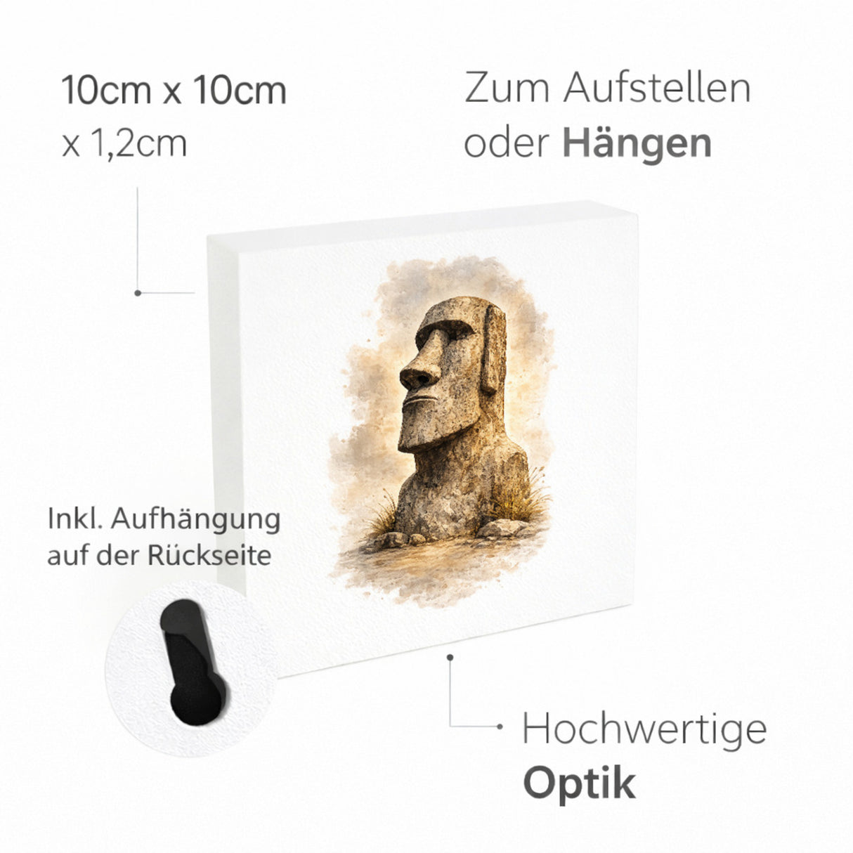 Moai Osterinsel Steinfigur 3 Holzbild in 10x10 cm zum Stellen oder Aufhängen