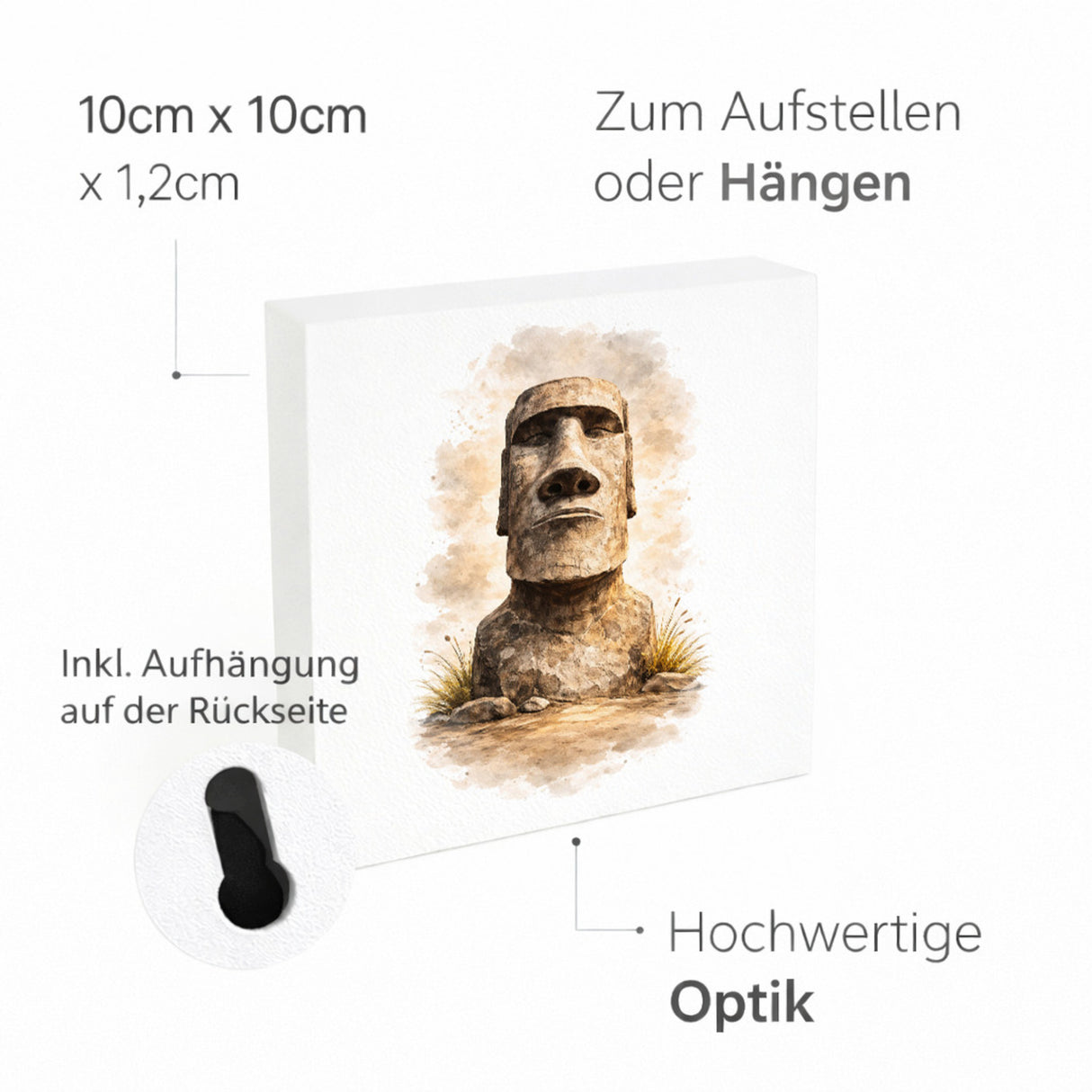 Moai Osterinsel Steinfigur 2 Holzbild in 10x10 cm zum Stellen oder Aufhängen