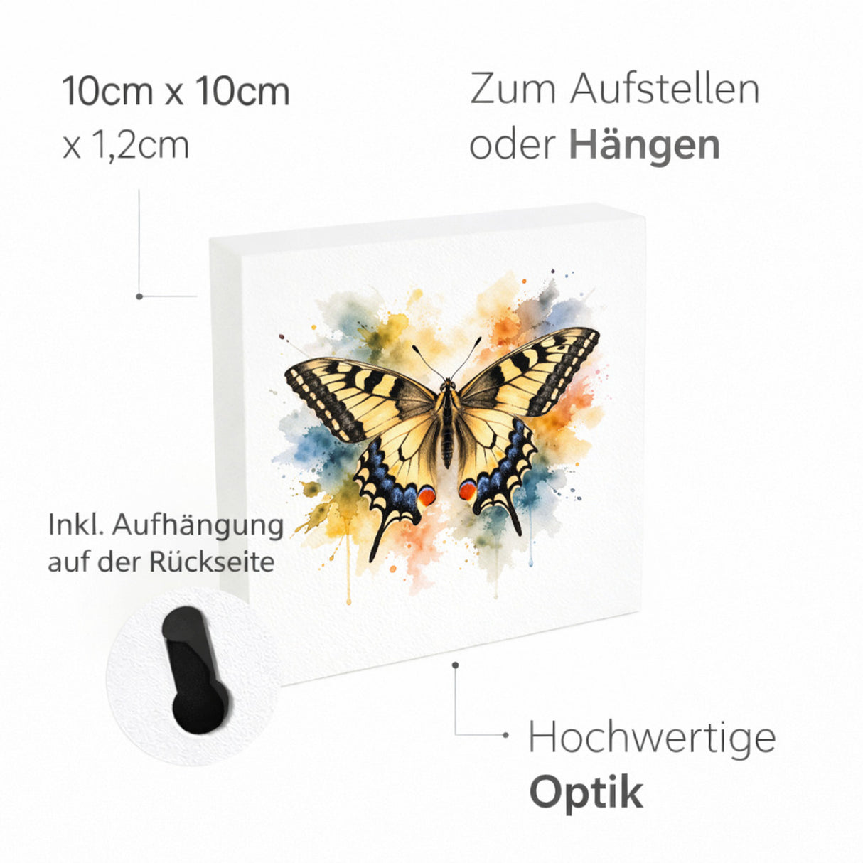 Schmetterlingszauber Schwalbenschwanz Holzbild in 10x10 cm zum Stellen oder Aufhängen