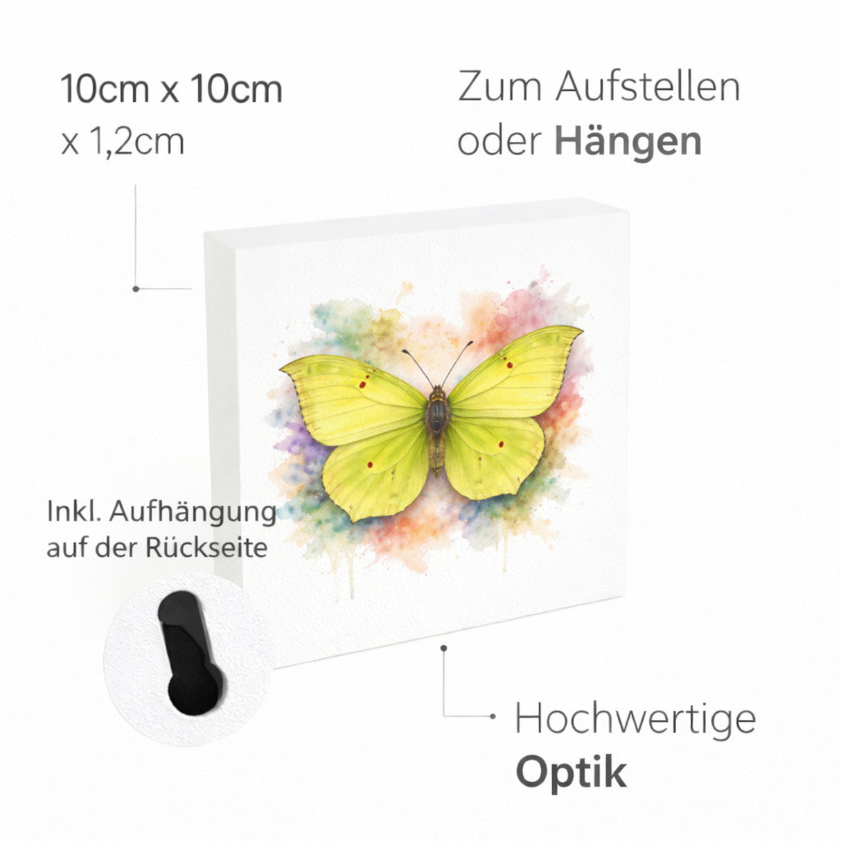 Schmetterlingszauber Zitronenfalter Holzbild in 10x10 cm zum Stellen oder Aufhängen