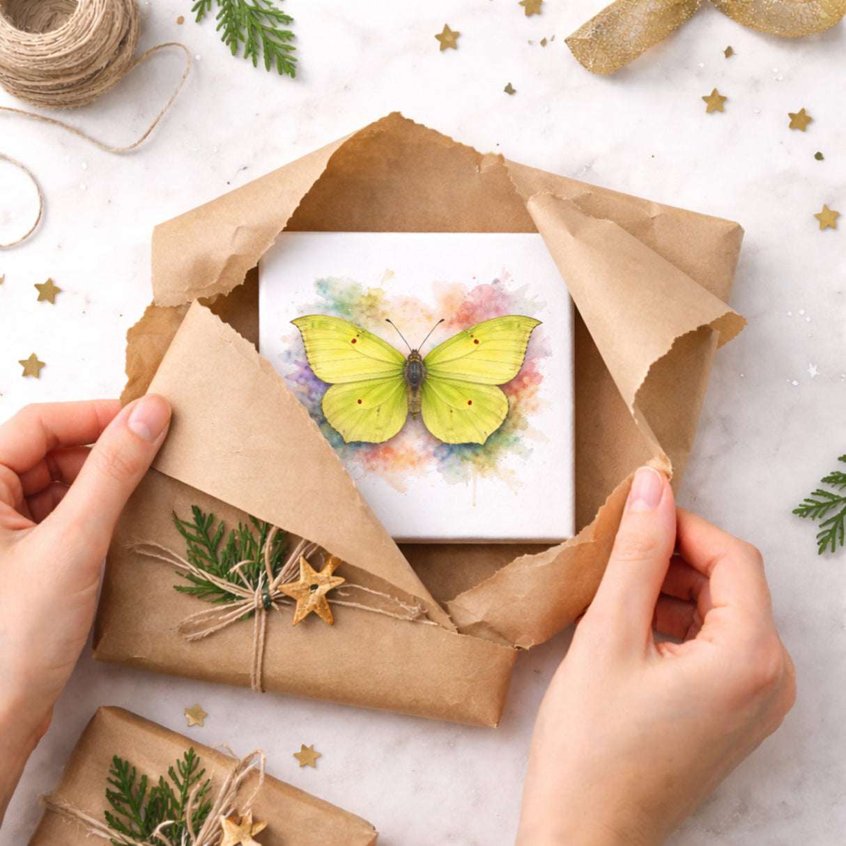 Schmetterlingszauber Zitronenfalter Holzbild in 10x10 cm zum Stellen oder Aufhängen