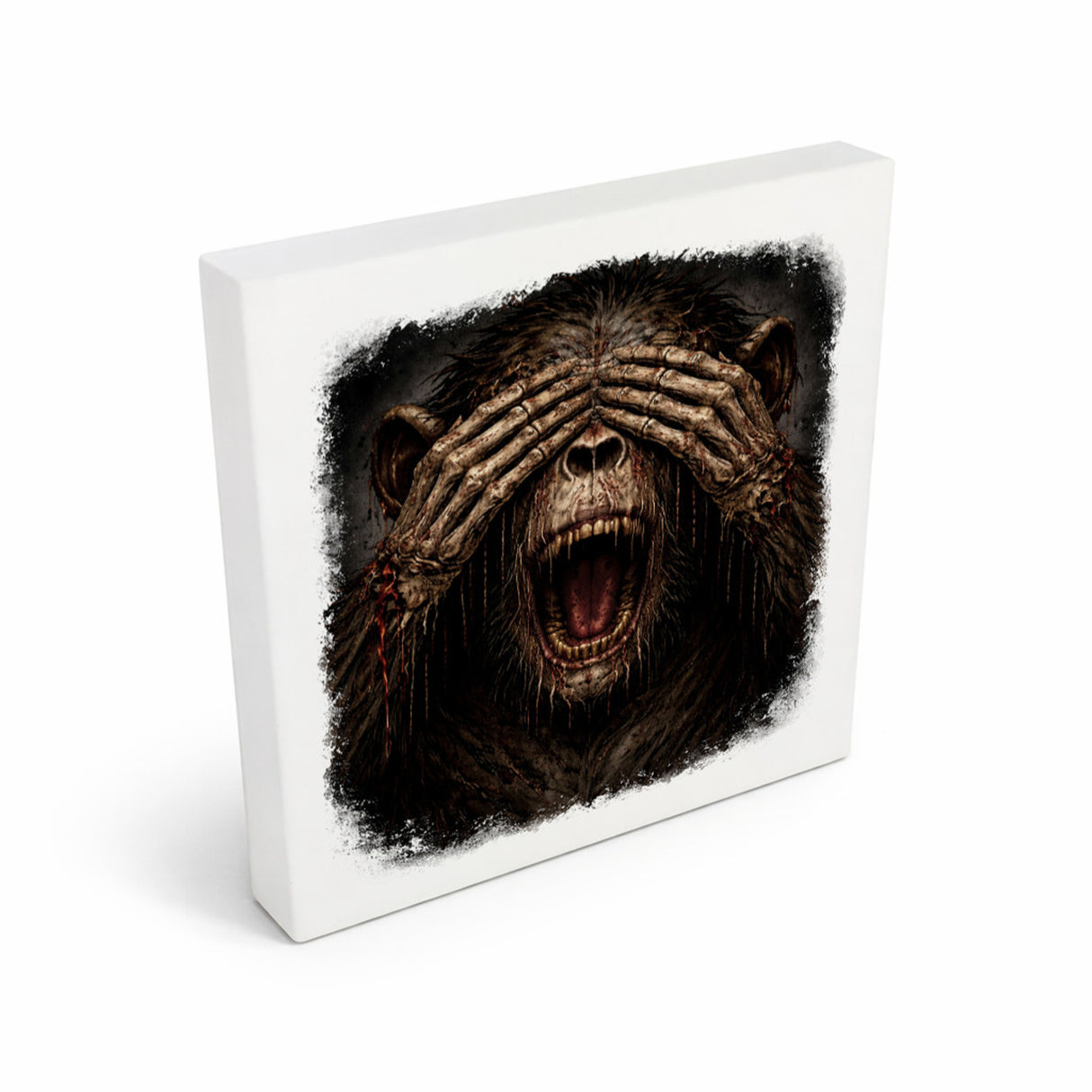 Drei weise Zombie Affen nichts sehen Holzbild in 10x10 cm zum Stellen oder Aufhängen